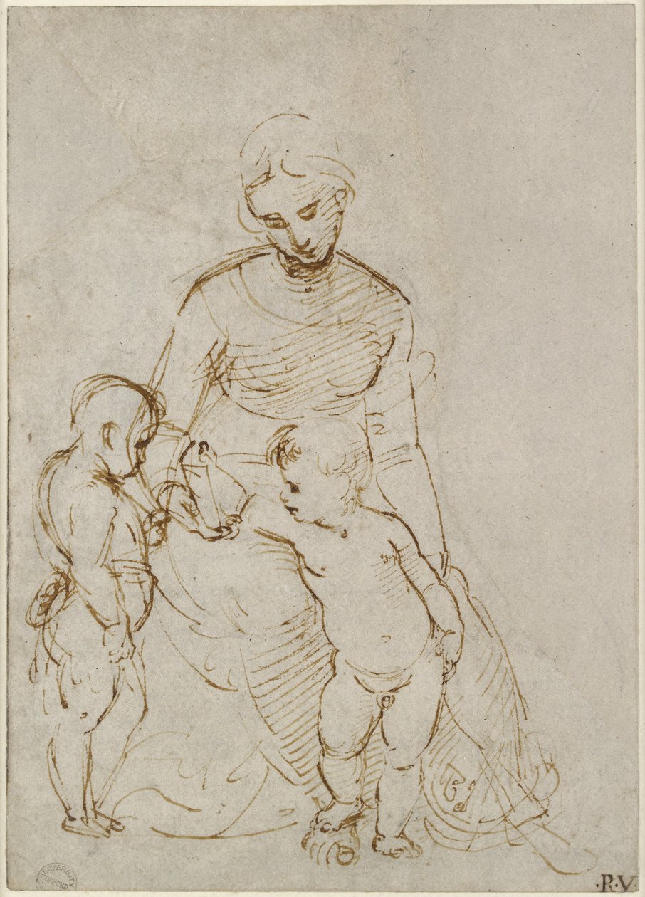 Recto: The Virgin and Child with St John (The Madonna del Cardellino), WA1846.160 (kör stylus kalem üzerinde kalem ve kahverengi mürekkep, bazı kurşun veya tebeşir izleri) by Raffaello Sanzio Raphael