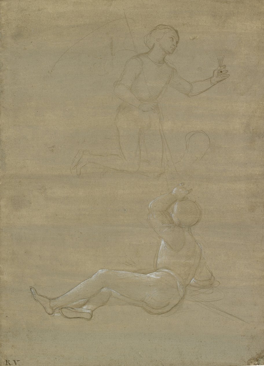 Diriliş ve bir meleğin muhafızı için çalışmalar, WA1846.150 (kahverengi-gri hazırlanmış kağıt üzerinde beyaz kabartmalı metal nokta) by Raffaello Sanzio Raphael