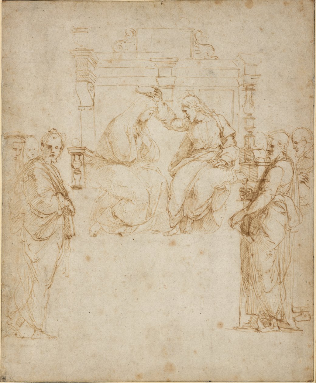 The Coronation of the Virgin, WA1846.206 (kör stylus kalem üzerinde kalem ve kahverengi mürekkep, sayfanın kenarları siyah mürekkeple çizilmiştir) by Raffaello Sanzio Raphael