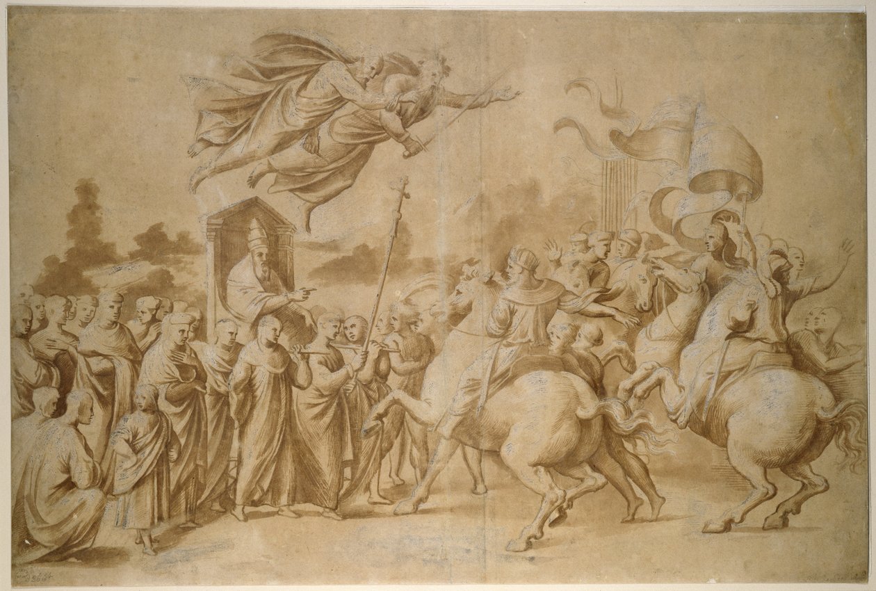 The Repulse of Attila, WA1846.277 (devetüyü kağıda gövde rengi ile güçlendirilmiş (oksitlenmiş) kahverengi yıkamada fırça çizimi) by Raffaello Sanzio Raphael