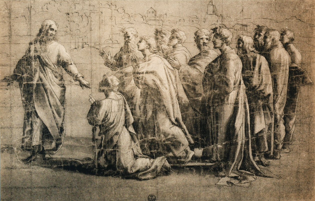 İsa'nın Anahtarları Aziz Petrus'a Vermesi; Raphael Okulu'ndan çizim. Çizimler ve Baskılar Dolabı, Uffizi, Floransa by School of Raphael
