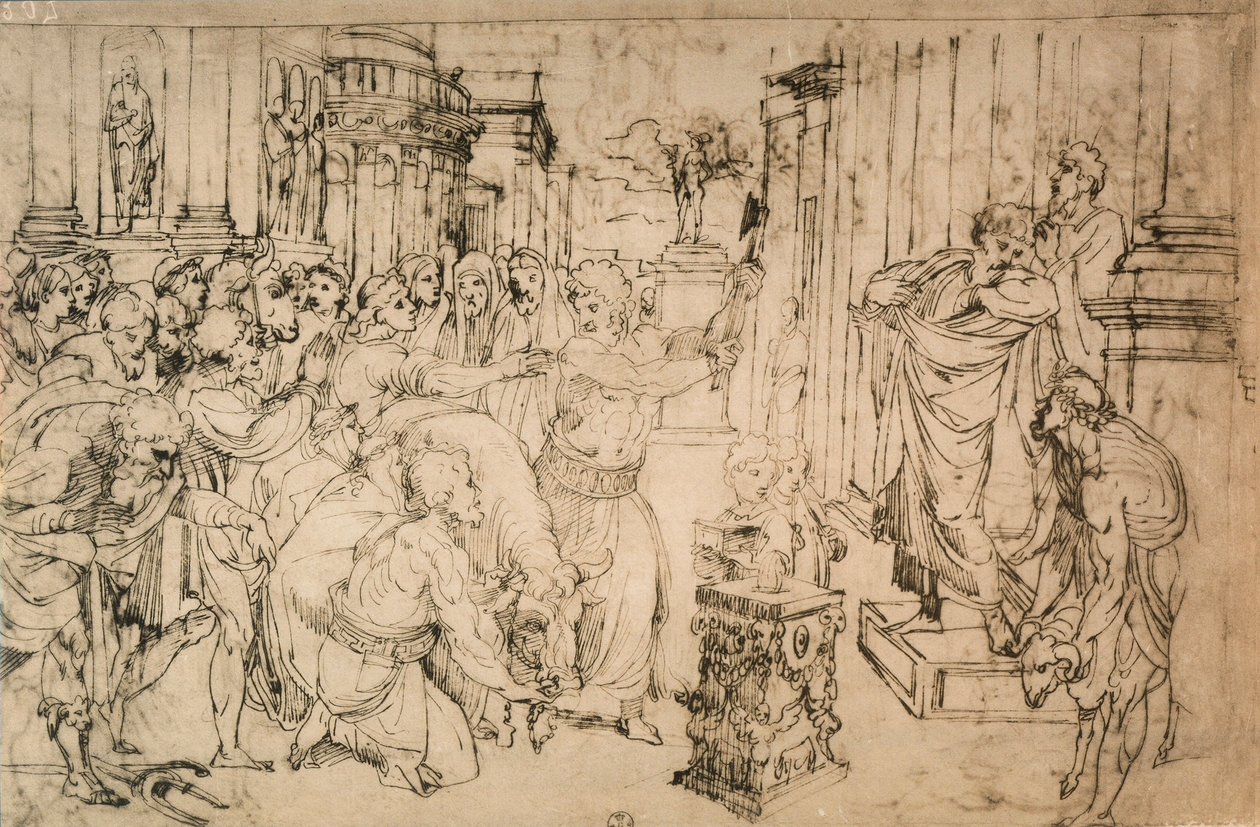 Boğa Kurbanı, Raphael Okulu'ndan çizim. Çizimler ve Baskılar Dolabı, Uffizi Galerisi, Floransa by School of Raphael