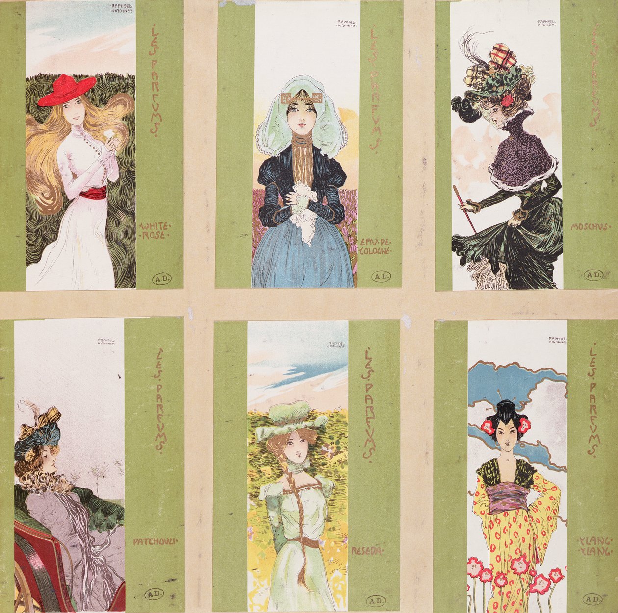 Parfümlerin alegorik temsillerini içeren kartpostal seçimi by Raphael Kirchner