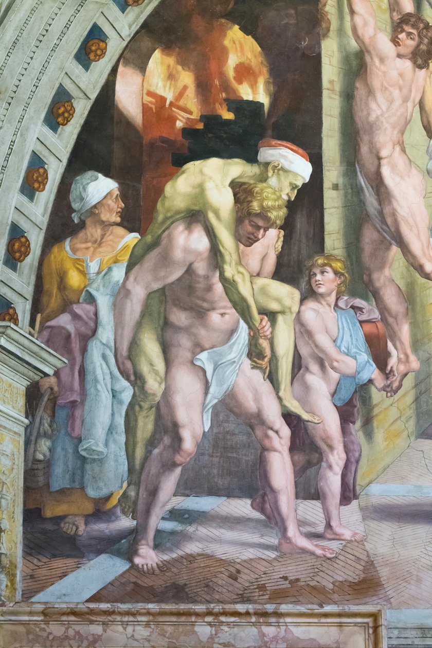 Borgodaki yangın, muhtemelen Aeneas'ı babası Anchises ve oğlu Ascanius ile birlikte kaçarken tasvir eden detay by Raphael (1483 1520) (& studio)