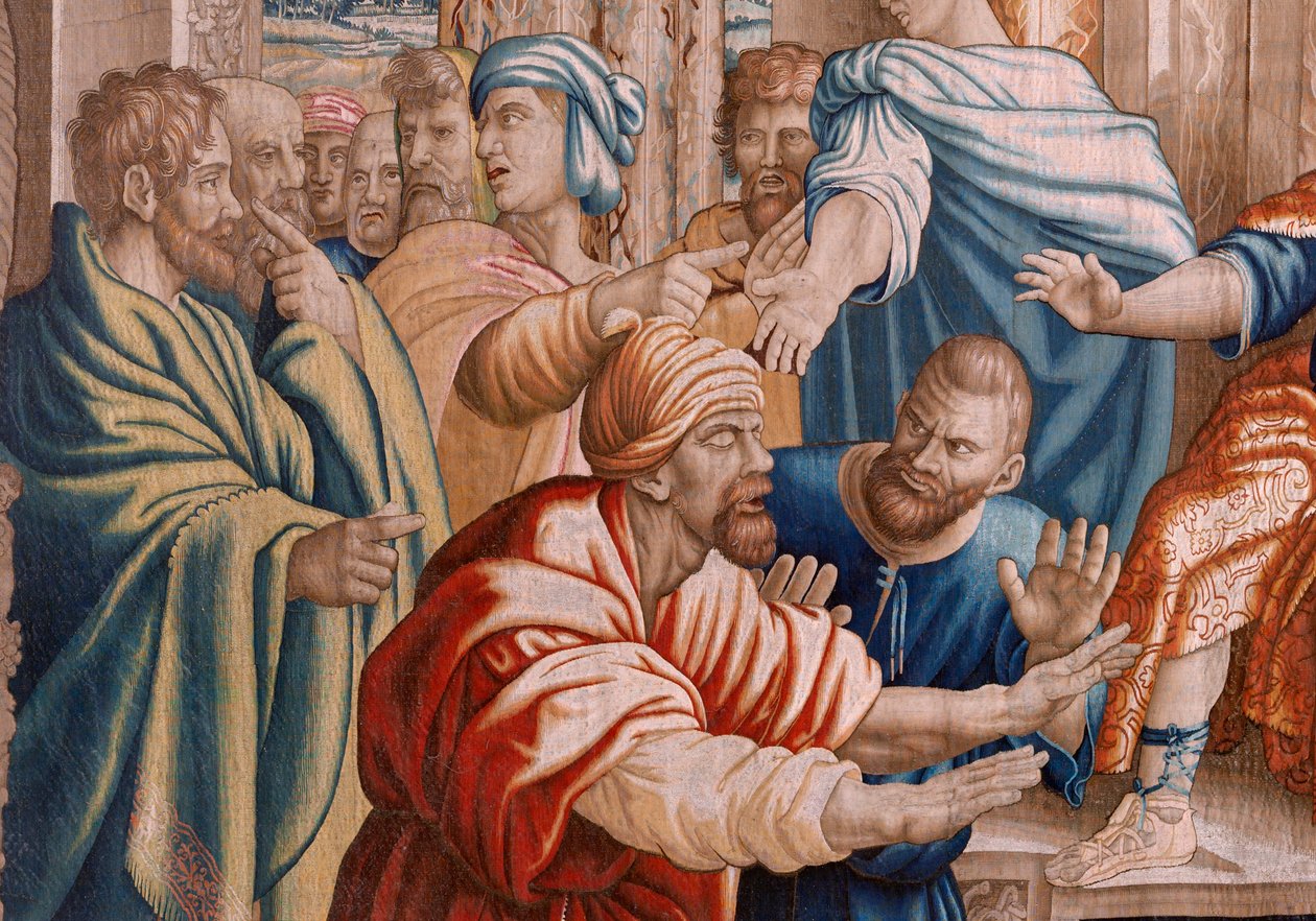 Flaman halısı. Havarilerin Seri İşleri. Elymas kör oldu (La ceguera de Elymas). Serinin yedinci halısı. Model Karikatür Rafael Sanzio tarafından. 1519. Jan Raes II imalatı, Brüksel. 1605-1629. Kumaş İpek ve yün. Boyut 534 x 783 cm. yer bul by Raphael