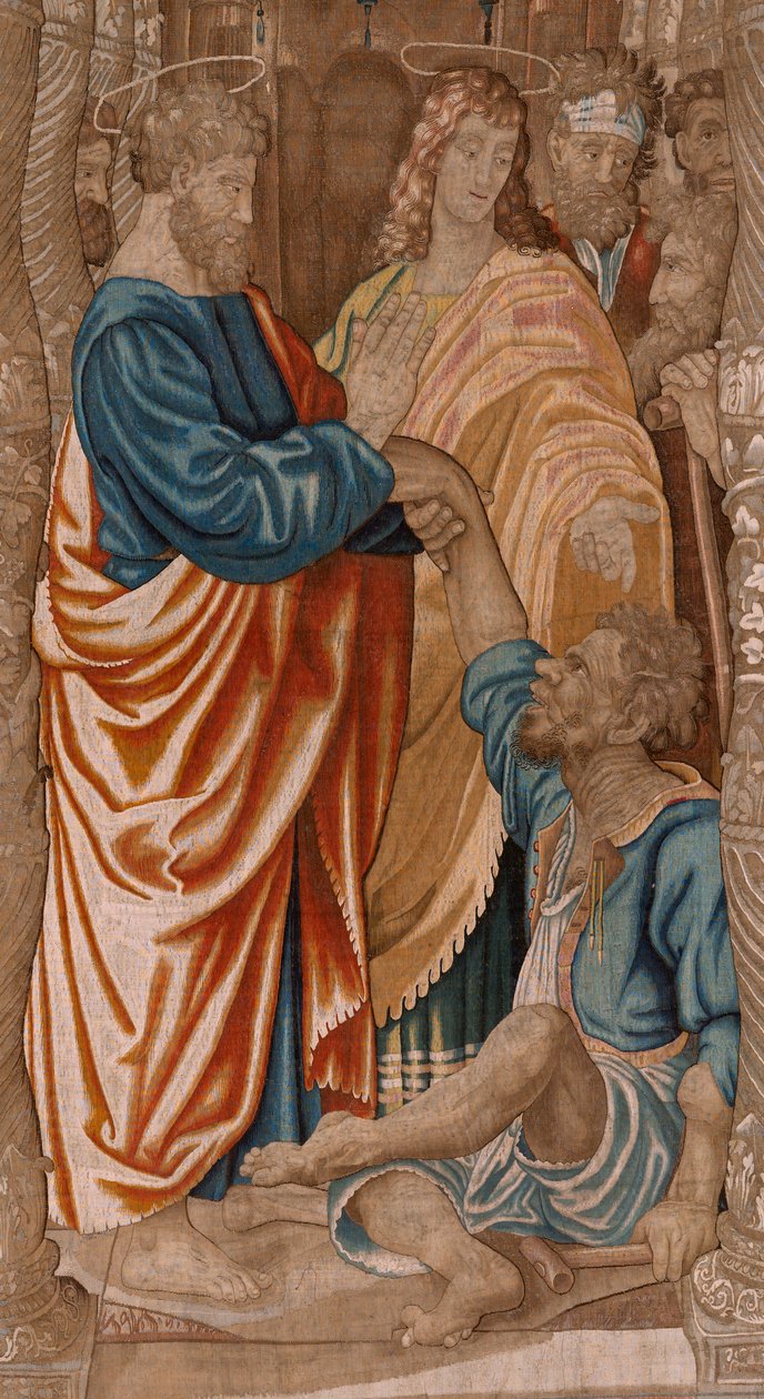 Flaman halısı. Havarilerin Seri İşleri. Topal adamın mucizesi (El milagro del paralítico). Serinin üçüncü halısı. Model Karikatür Rafael Sanzio tarafından. 1519. Jan Raes II imalatı, Brüksel. Ca1605-1629. Kumaş İpek ve yün. Boyut 524 x 400 by Raphael