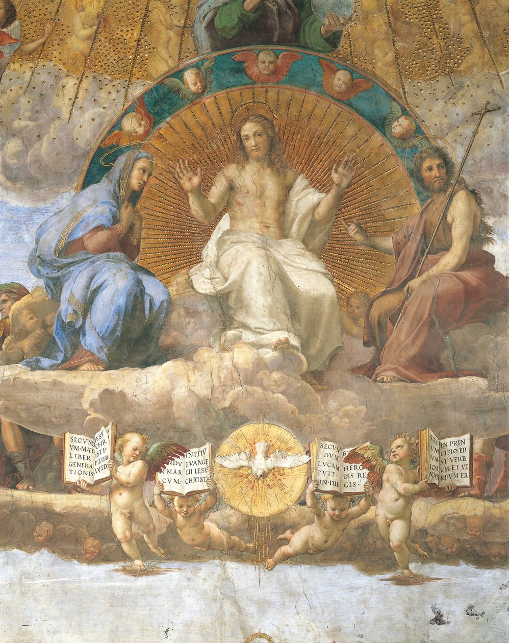 Kutsal Bakire Meryem ve Vaftizci Yahya ile çevrili Mesih, Kutsal Ayin Tartışmasının detayı by Raphael