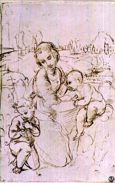 Bebek Vaftizci Yahya ile bir Madonna ve Çocuğun Çalışması (kalem ve mürekkep) by Raphael