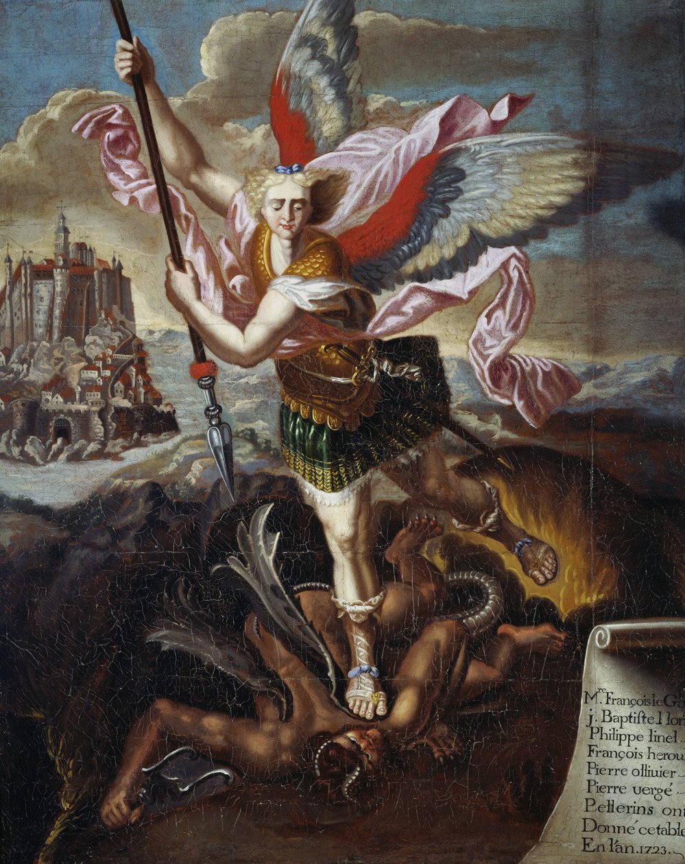 Aziz Michael ve Şeytan, Raphael Sanzio tarafından, Mont Saint-Michel'e hac yolculuğunda olan altı hacının eski adak by Raphael (1483 1520) (after)