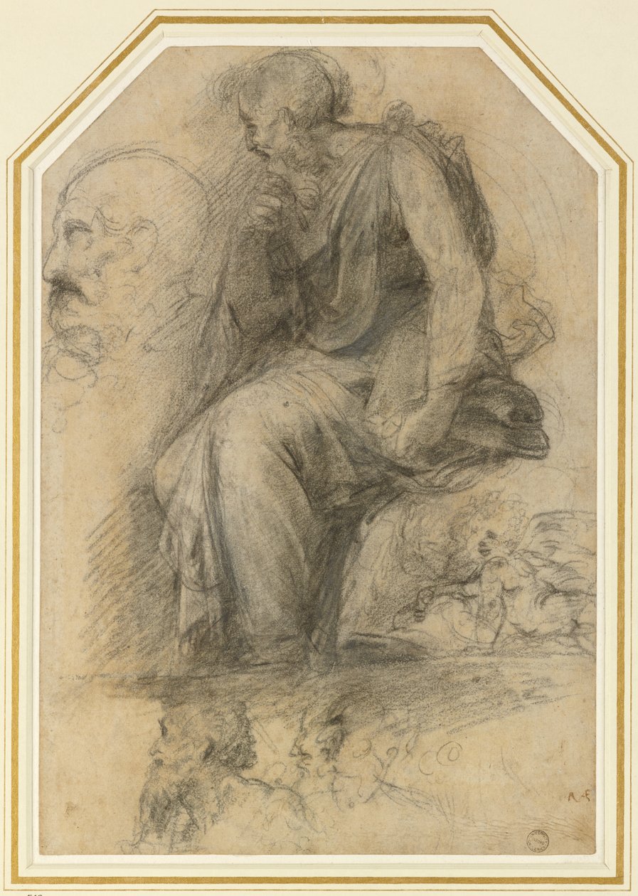 Oturan bir erkek aziz (St Paul): Study for the Disputa, WA1846.189 (beyaz kabartmalı kömür) by Raphael