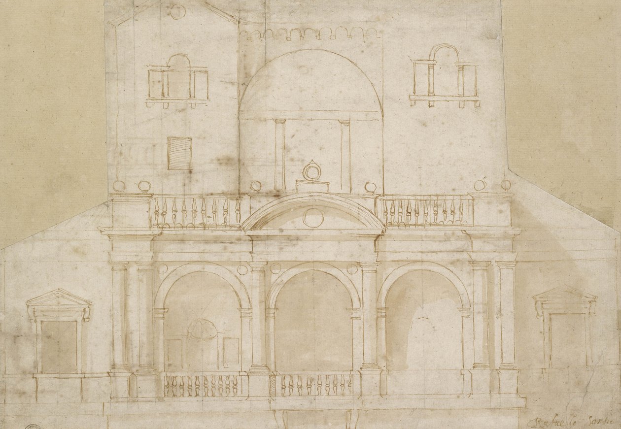 Mimari Tasarım (Villa Madama) (kirli beyaz kağıt üzerine kahverengi astarlı kalem ve kahverengi mürekkep) by Raphael