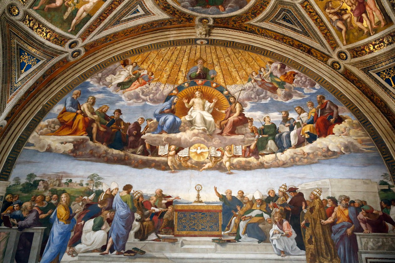Kutsal Ayinin Tartışması, Stanza della Segnatura'da (taze) by Raphael (1483 1520)