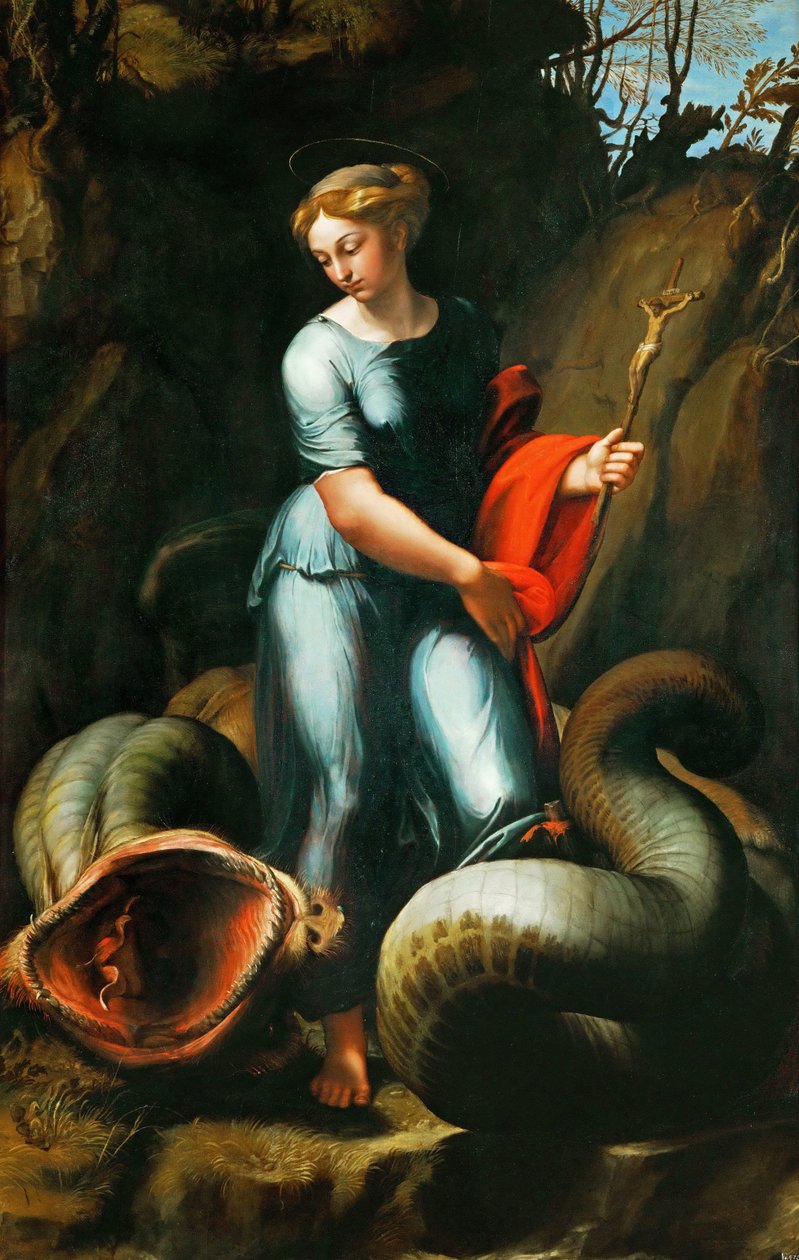 Pisidia Antakyası Margaret (veya Saint Marine, Marina) (305 civarında öldü) - Saint Margaret - Raphael (Raffaello Sanzio da Urbino) (1483-1520). Ahşap üzerine yağlı boya, yaklaşık 1518. Boyut: 191.3x123 cm. Sanat Tarihi Müzesi, Viyana by Raphael