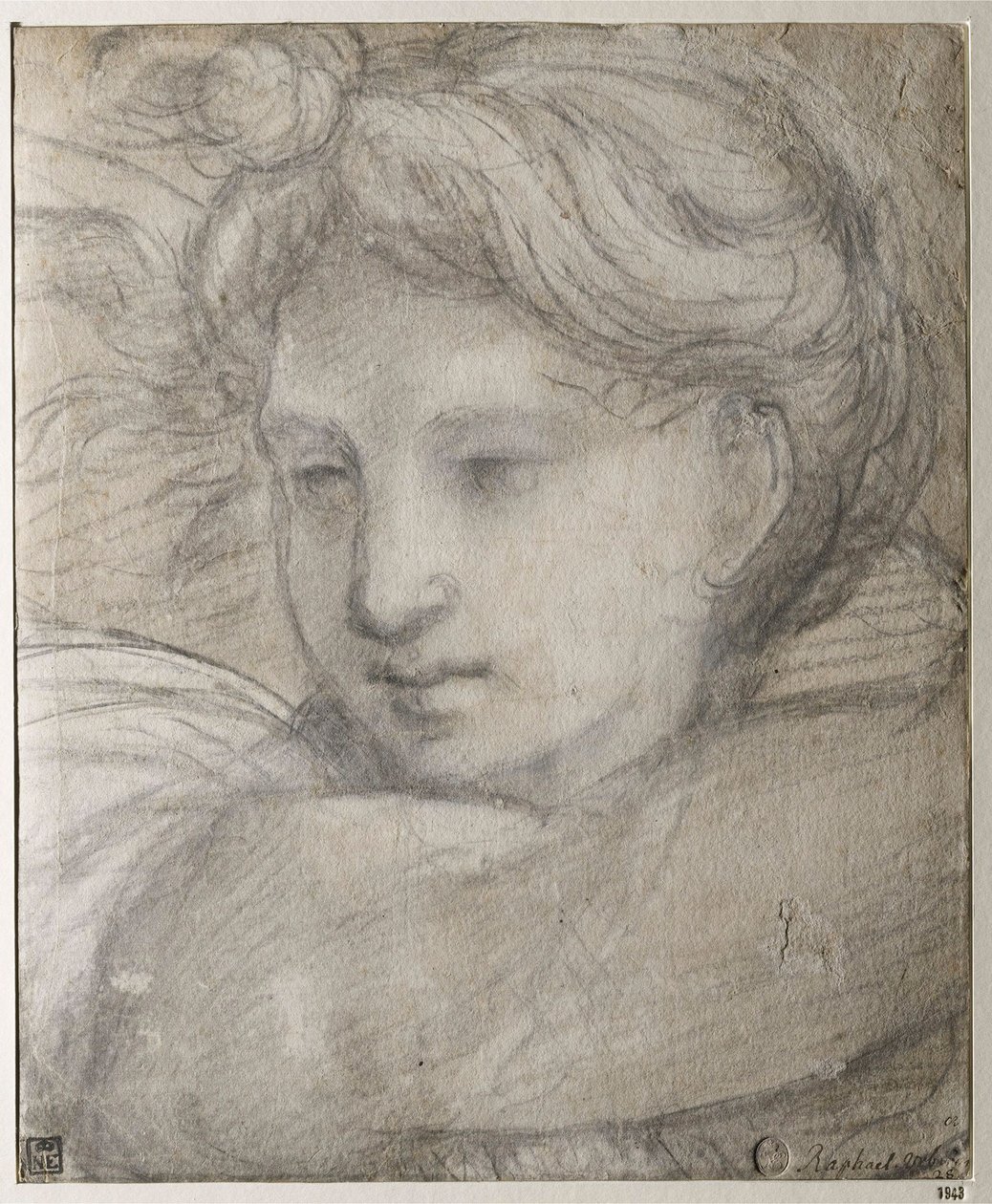 Raffaello Sanzio - Bir Meleğin Başkanı par Raphael (1483-1520), c. 1520 - Kağıt üzerine siyah beyaz tebeşir, 30,8x25,4 - Szepmuveszeti Müzesi, Budapeşte by Raphael