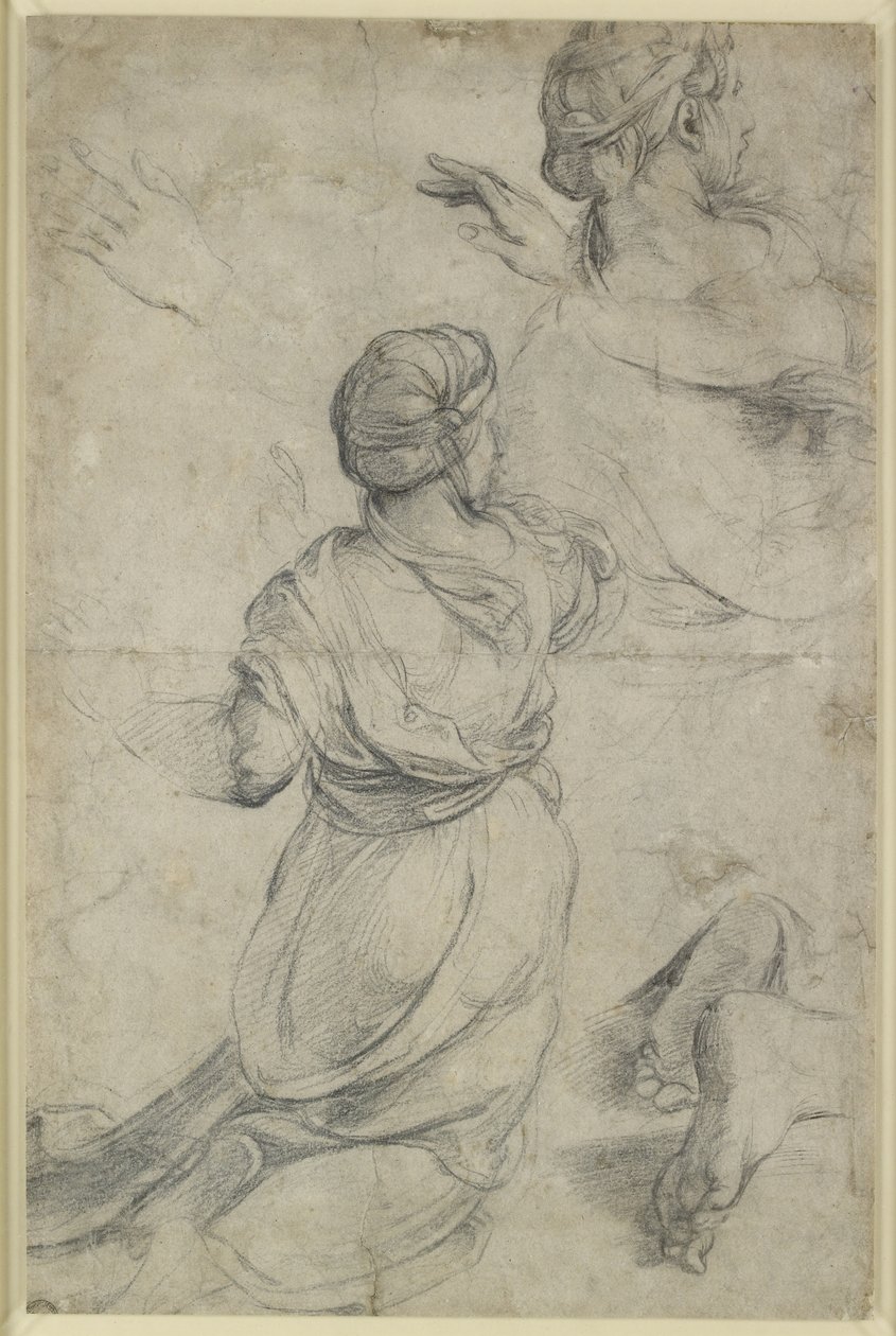 Recto: İki diz çökmüş kadın için çalışmalar, WA1846.198 (siyah tebeşir) by Raphael
