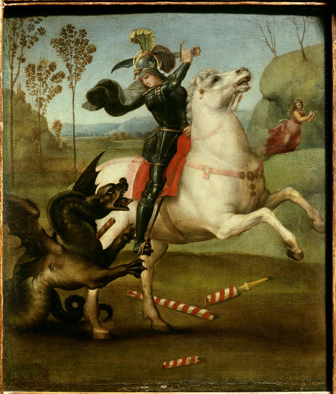 Aziz George Ejderhayla Dövüşü Raphael (1483-1520/İtalyan) Ahşap Panel Üzeri Yağlıboya - “” Ejderhayla Mücadele Eden Aziz George””” Tablo Raffaello Sanzio (Raphael) (1483-1520) 1505 Güneş. 0,29x0,25 m by Raphael