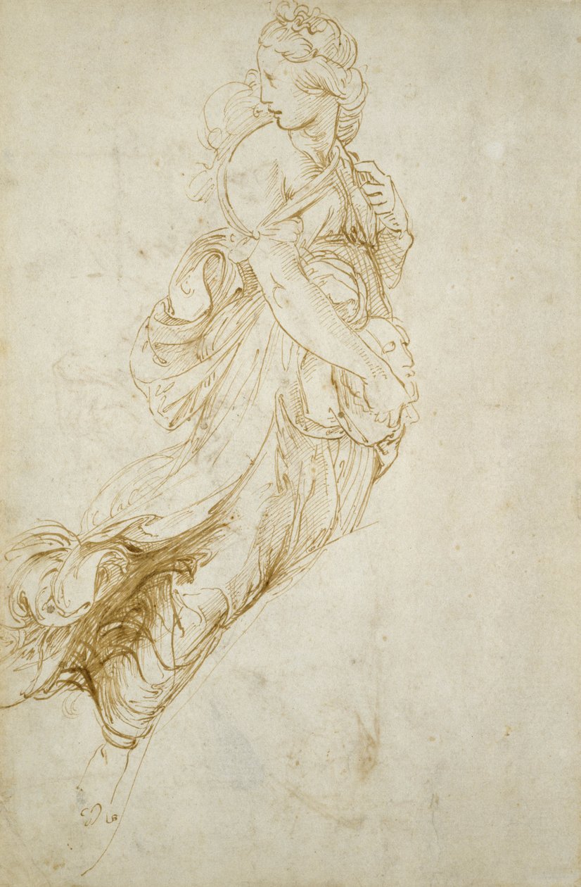 Melpomene Figürü için Çalışma (kirli beyaz kağıt üzerine kalem ve kahverengi mürekkep) by Raphael