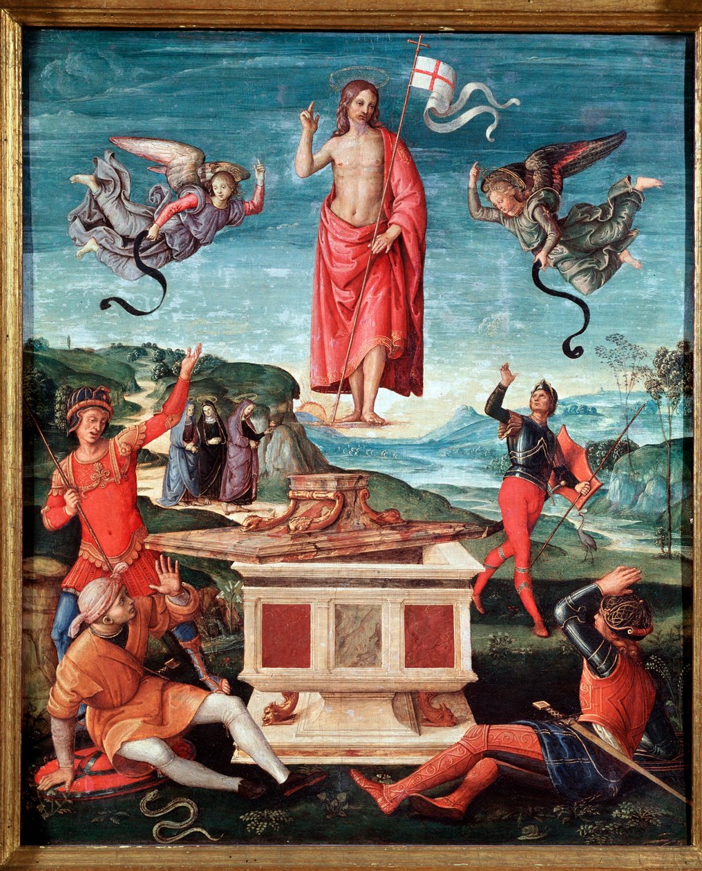 Diriliş (İsa'nın dirilişi) İsa Mesih'in bir sopa haçı vardır, bunun sonunda beyaz bir bayrak (standart) yüzer ve kırmızı bir haç ile vurur - Resim Raffaello Sanzio dit Raphael (1483-1520) 1501-1502 Dim 52x44 cm Sao Paulo, Museu de Arte by Raphael