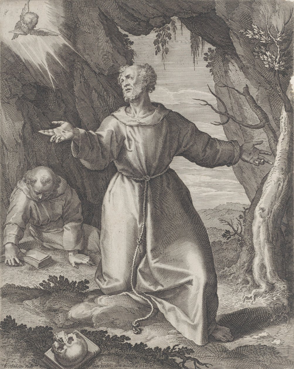 Aziz Francis, kollarını uzatmış diz çökmüş, sol üstte bir melek heykeline bakıyor,..., 1599. by Raphael Sadeler
