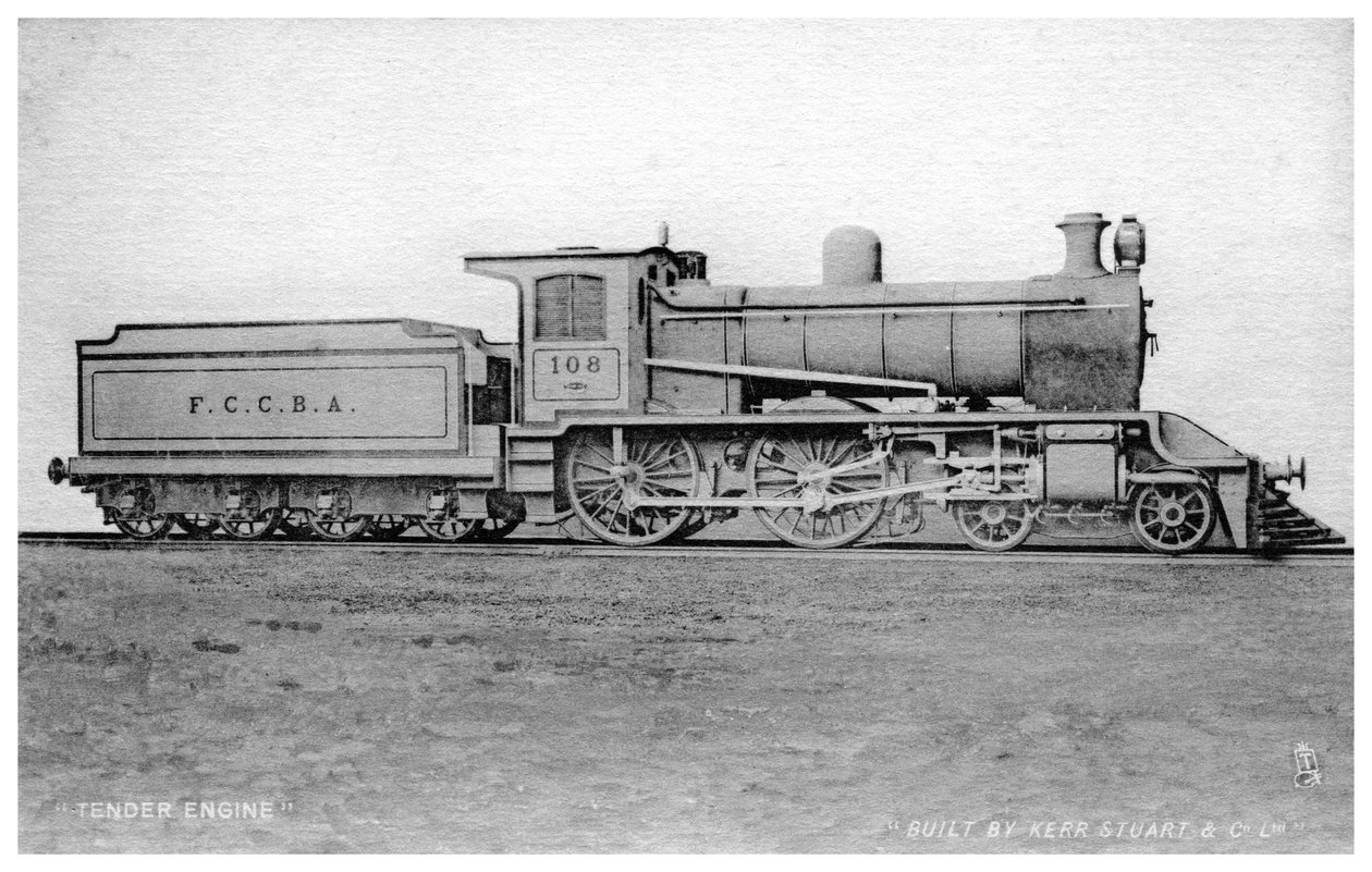 4-4-0 ihale motoru, 20. yüzyılın başlarında Kerr, Stuart ve Co tarafından inşa edilen buharlı lokomotif. by Raphael Tuck