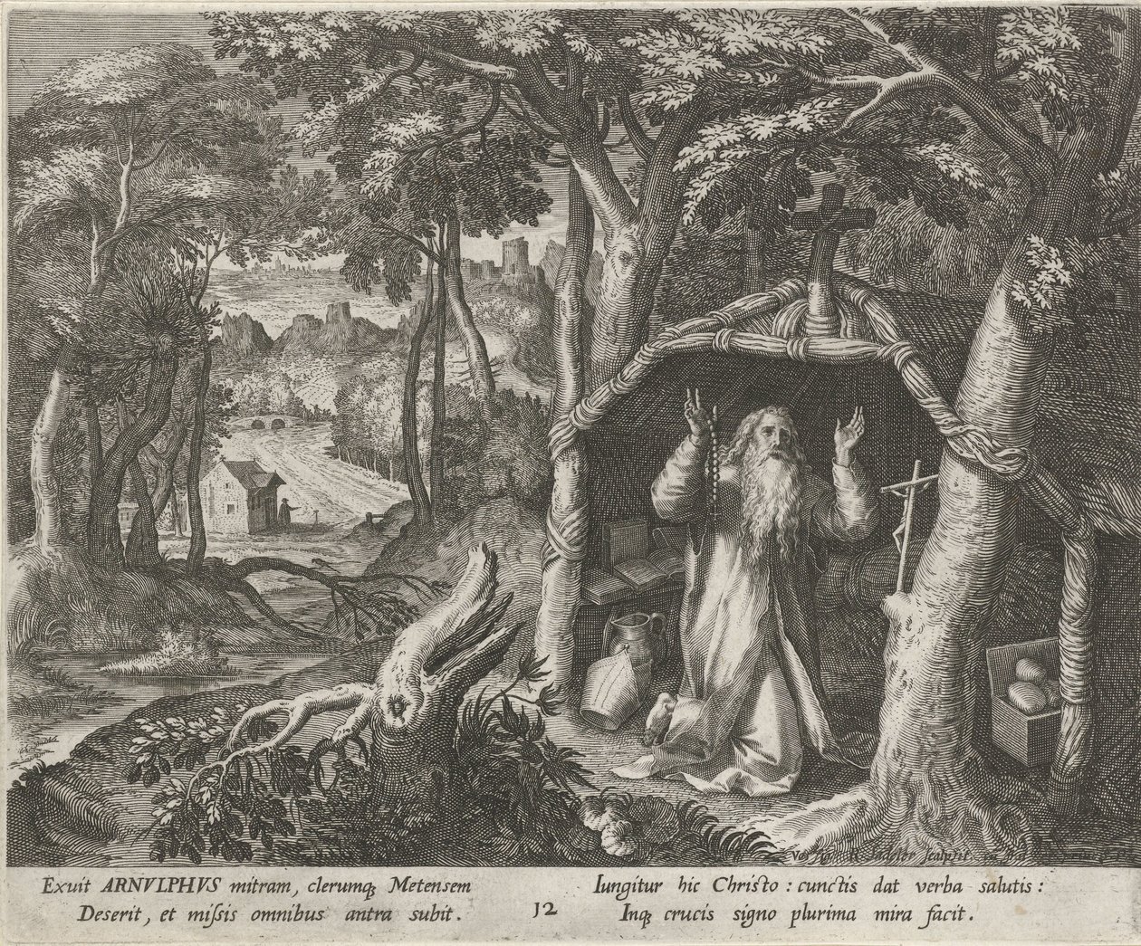 Bir keşiş olarak Metz Aziz Arnold Münzevilerin Erdemli Hayatları (dizi adı) Trophaeum vitae solitariae (seri başlığı) by Raphaël Sadeler (I)