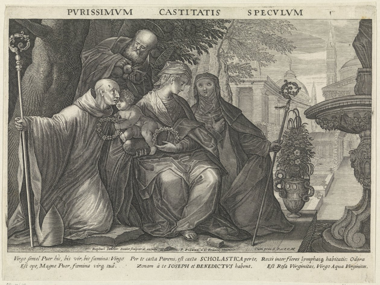 Aziz Benedict ve Aziz Scholastica ile Kutsal Aile iffet aynası Pvrissimvm Castitatis Specvlvm (nesne üzerindeki başlık) İtaat, iffet ve yoksulluğun aynaları (dizi adı) by Raphaël Sadeler (II)