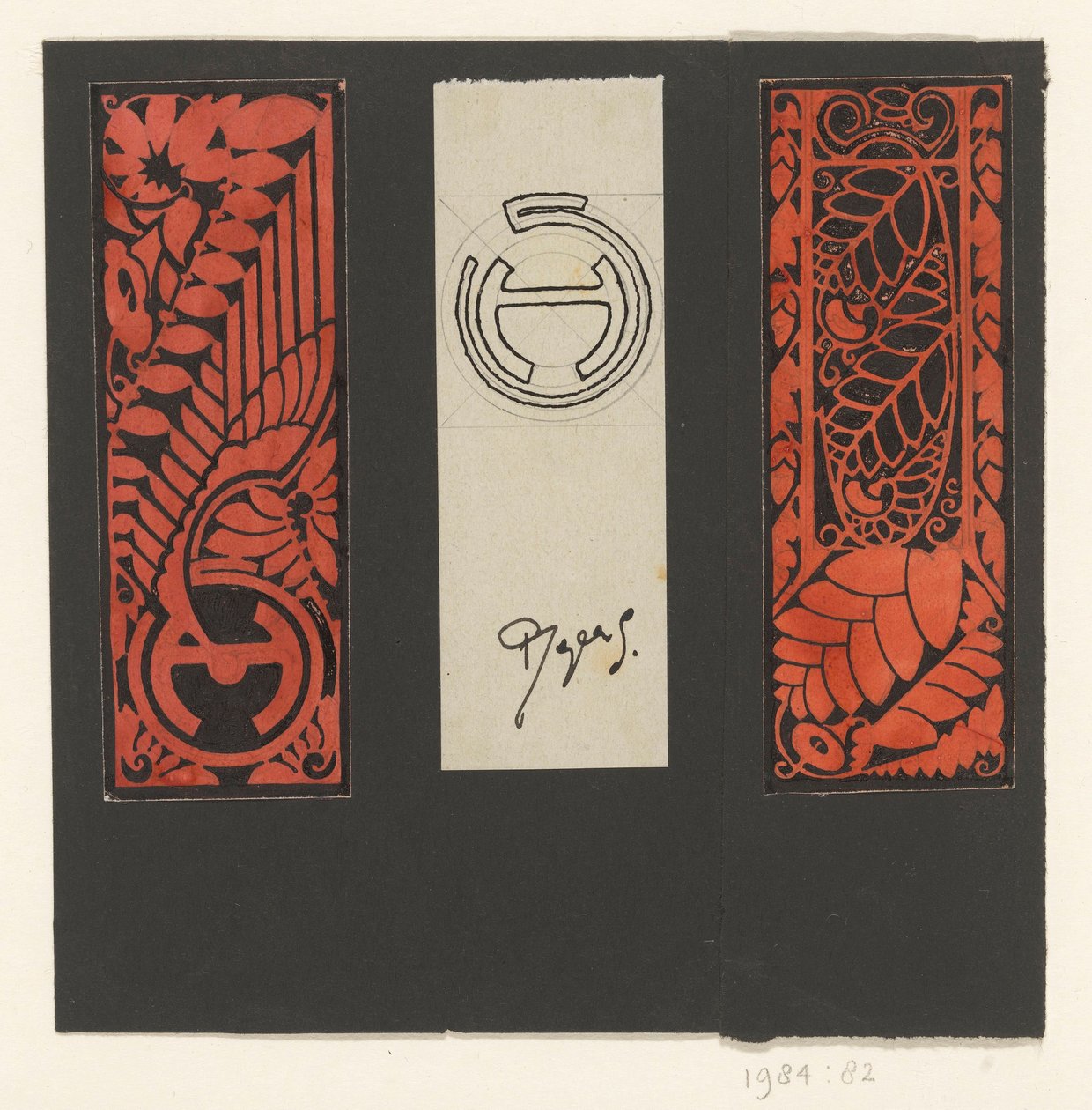 Yaprak motifli ve sembollü üç panel by Reijer Stolk (signed by artist)