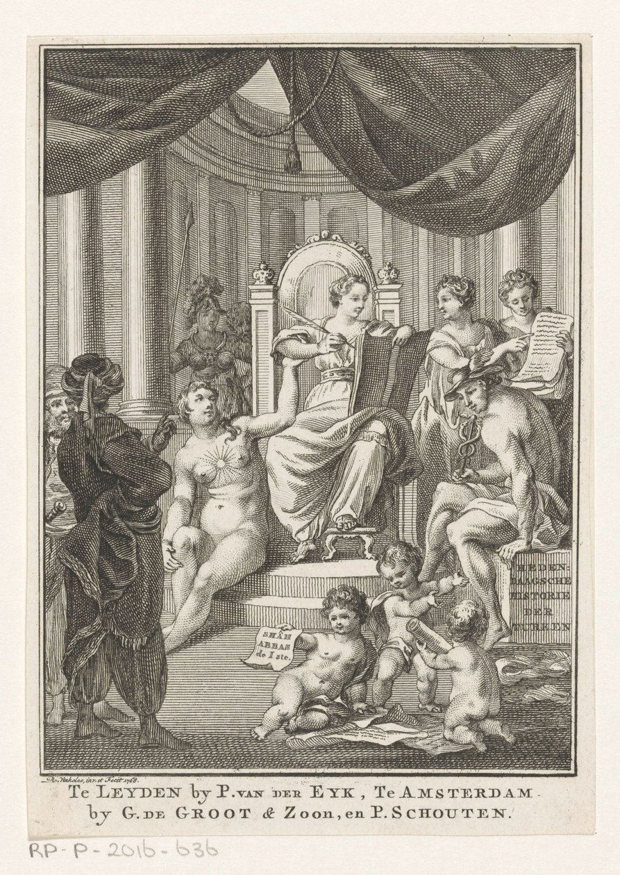 Tarih, Hakikat, Antikite ve Basiret ile alegorik temsil Türklerin çağdaş tarihi (nesne üzerindeki başlık) Başlık sayfası: Sn, Hedendagche historie veya Genel tarihin devamı, 1767 by Reinier Vinkeles (I)