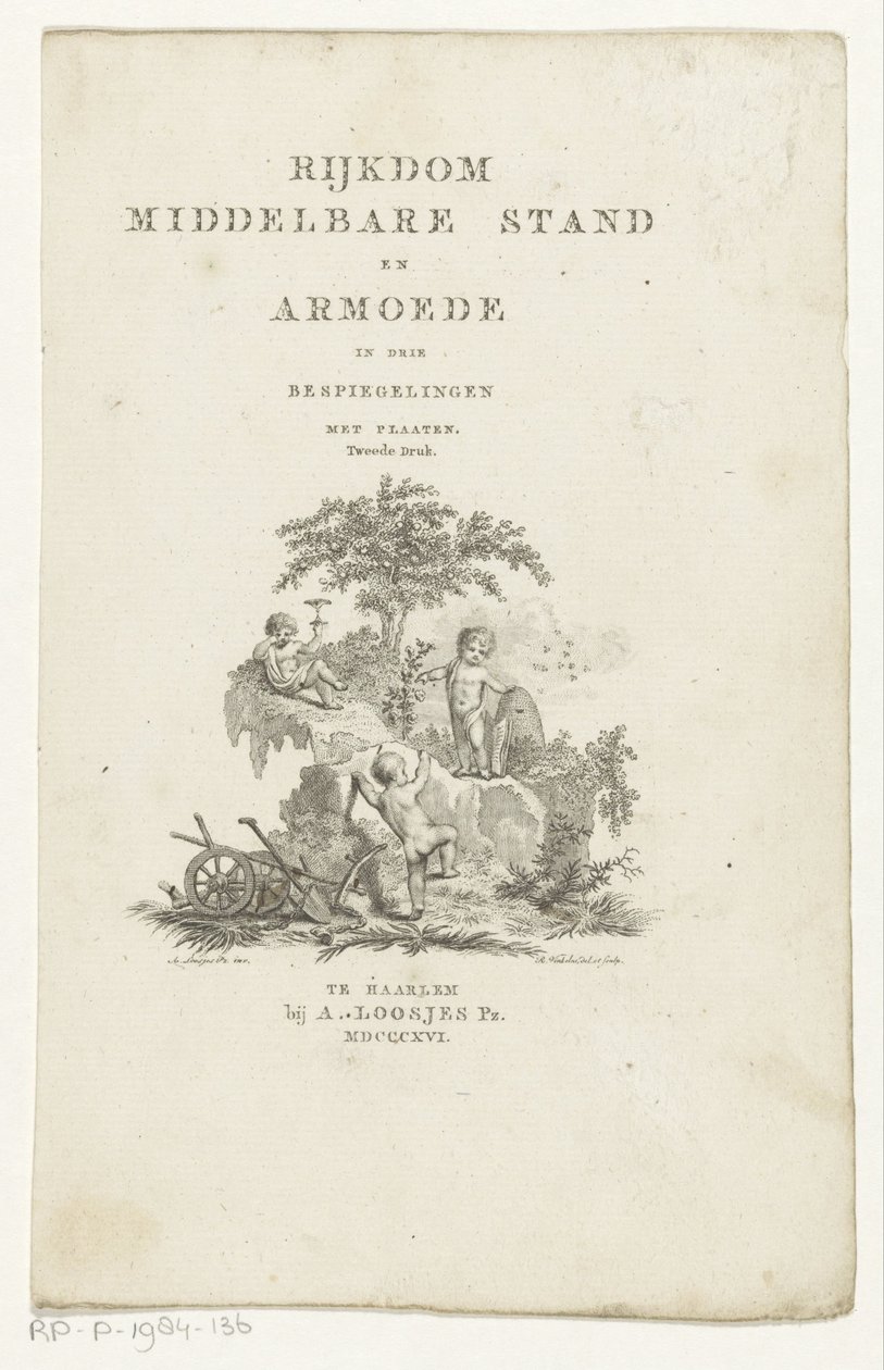 Bir dağ manzarasında öznitelikleri olan üç putti Adriaan Pietersz için başlık sayfası. Loosjes, Üç Yansımada Orta Sınıfın Zenginliği ve Yoksulluk, 1816 by Reinier Vinkeles (I)