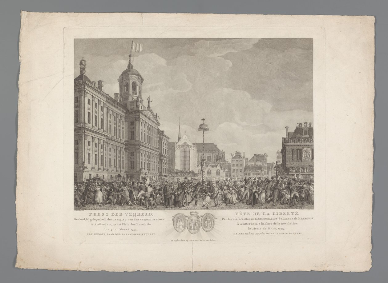Amsterdam'da Barajda Özgürlük Bayramı, 4 Mart 1795 Özgürlük Bayramı, Amsterdam'da Özgürlük Ağacı'nın Açılışı vesilesiyle, Devrim Meydanı'nda kutlandı, 4 Mart 1795. Batavia Özgürlüğü / Fête de la l by Reinier Vinkeles (I)