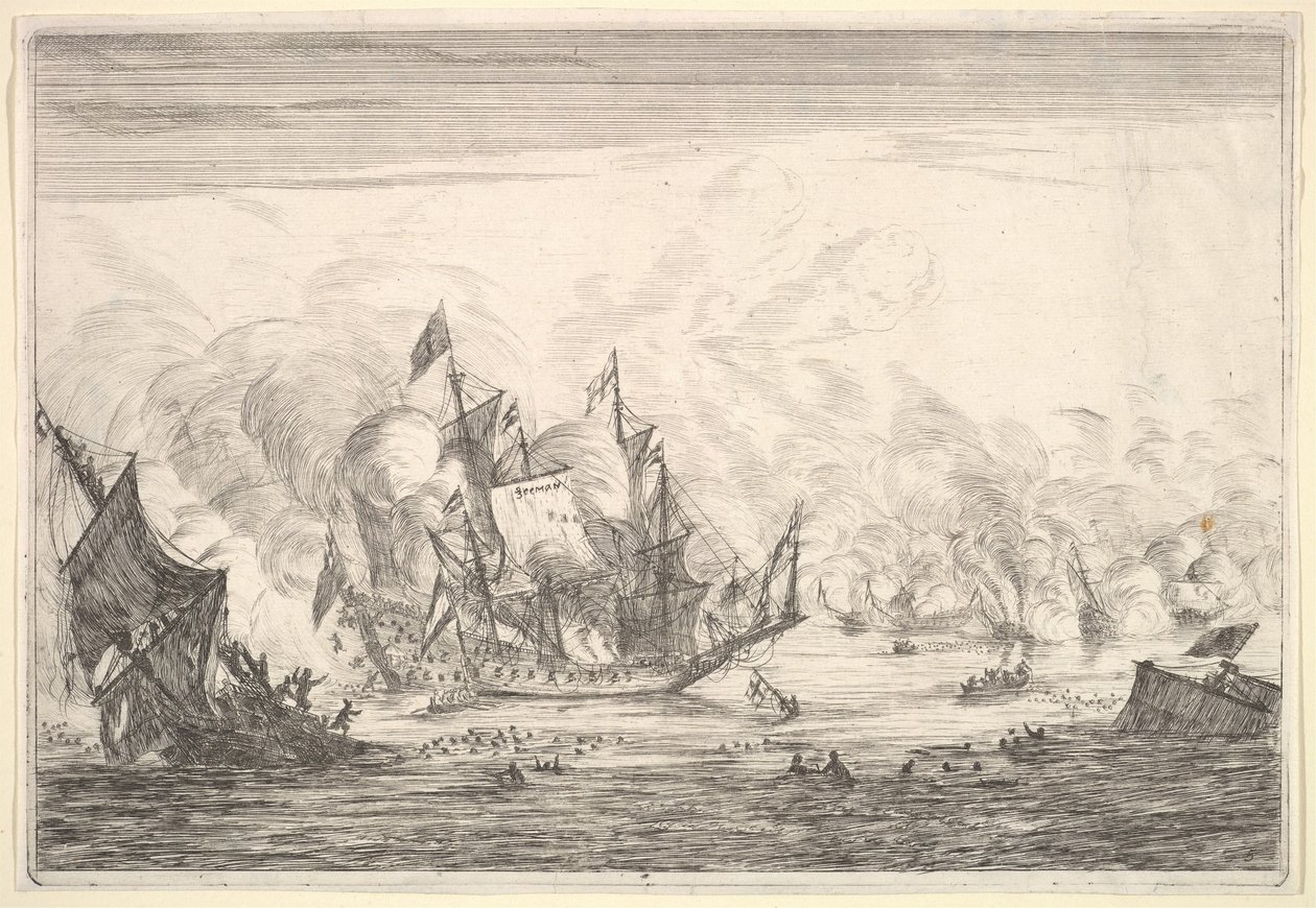 Solda Kurucu Bir İngiliz Gemisiyle Deniz Savaşı, Naval Battles Nieuwe Sc..., 1652-54. by Reinier Zeeman