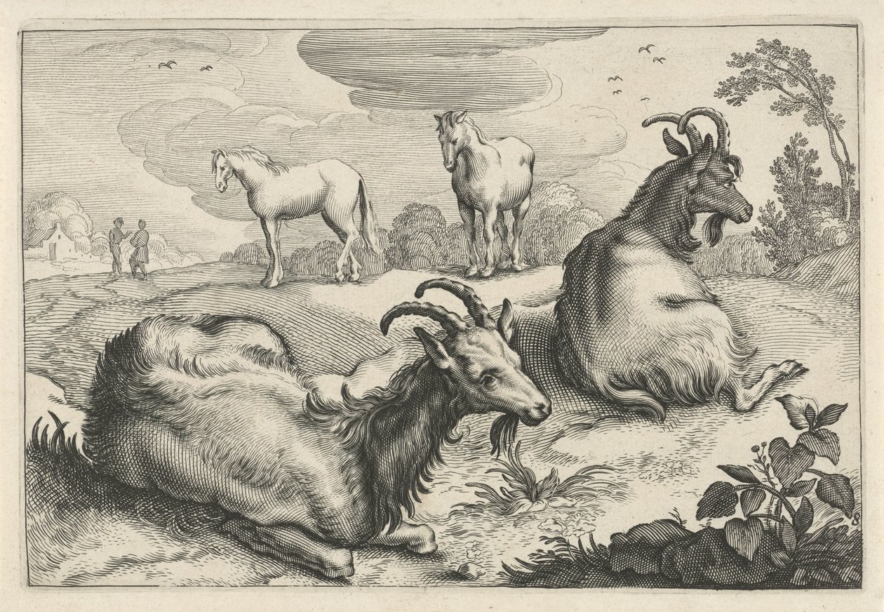 İki keçi ve iki atlı manzara Diversa Animalia Quadrupedia (seri başlığı) by Reinier van Persijn