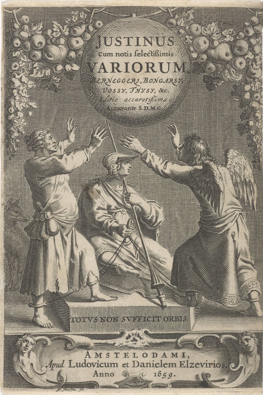 Minerva en twee geketende figürü Başlık sayfası voor: A. Thysius, Justinus ve çeşitli Berneggerj, Bongarsy, Vossy, Thysy, &c, 1659