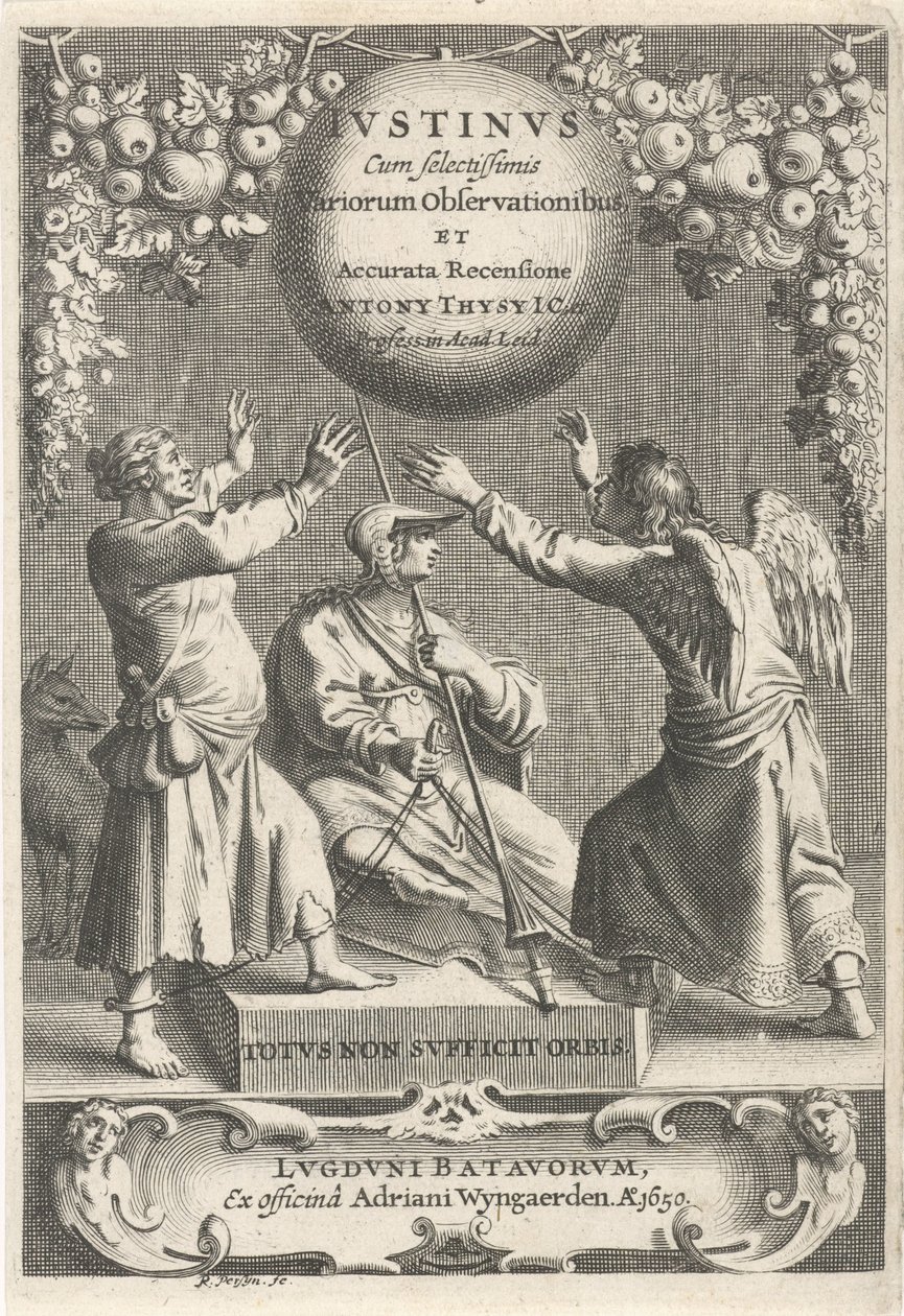 Minerva en twee geketende figürü Başlık sayfası: A. Thysius, Justinus by Reinier van Persijn