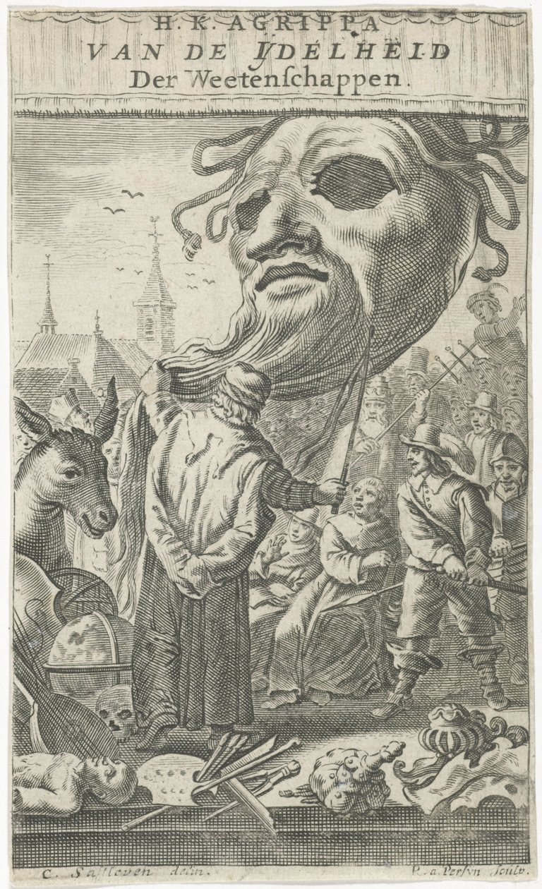 Sanat üzerine karikatür Başlık sayfası: J. Oudaen, Agrippa, From the Vanity of Sciences, 1661 by Reinier van Persijn