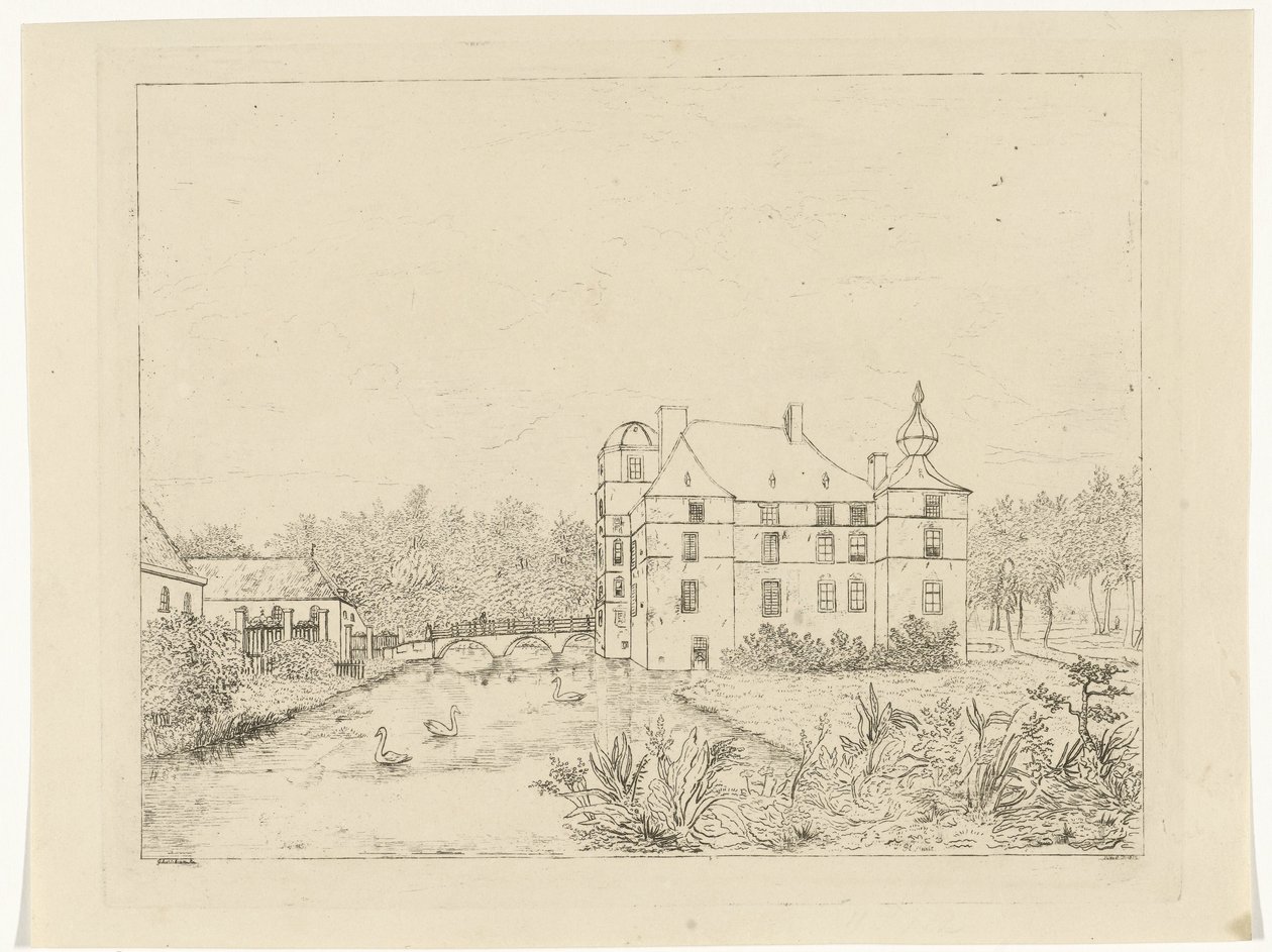 Giriş köprüsünde evleri olan Cannenburch kalesinin yan görünümü by Reinierus Albertus Ludovicus baron van Isendoorn à Blois