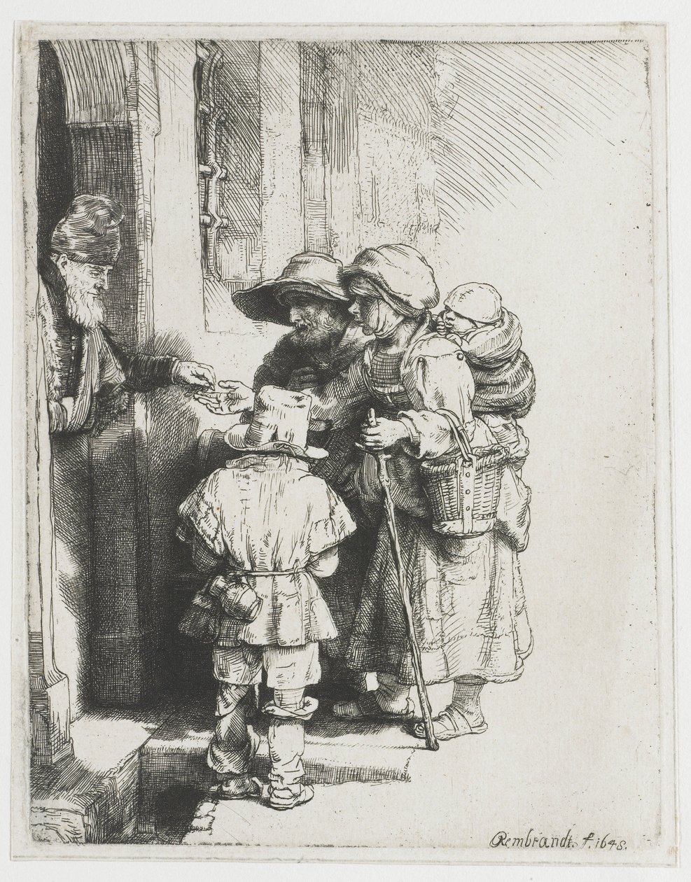 Kör bir Hurdy-gurdy Oyuncu ve Ailesi Sadaka Alan by Rembrandt van Rijn