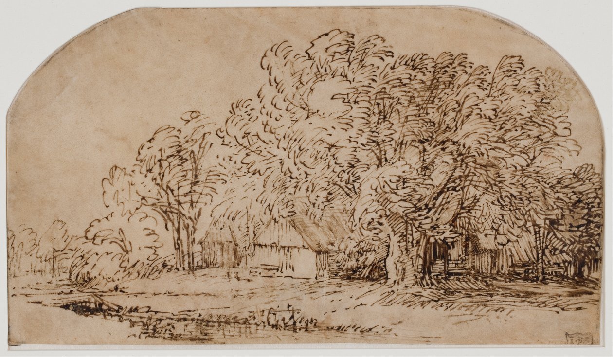 Uzun Ağaçların Altında Kulübeler ile Manzara by Rembrandt van Rijn