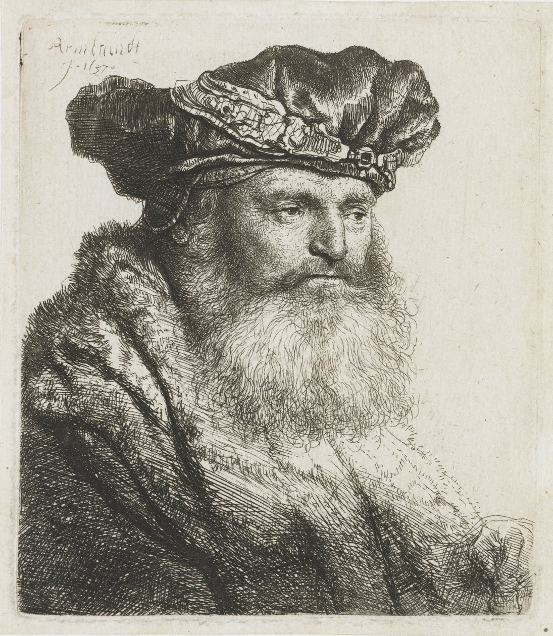 Kadife bereli, mücevherli tokalı sakallı adam, 1637 by Rembrandt van Rijn