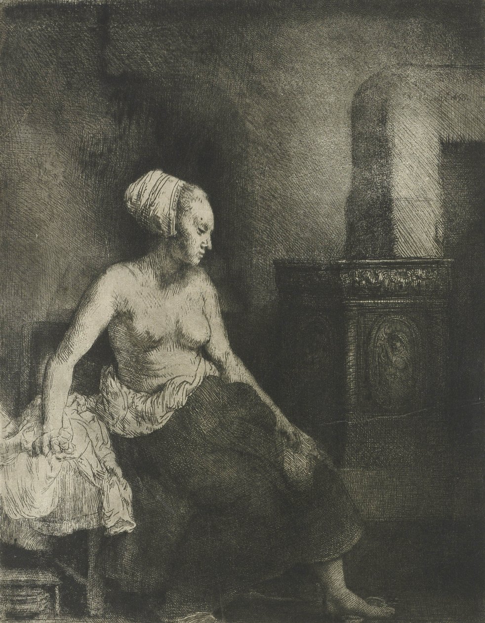 Ocak başında yarı çıplak kadın, 1658 by Rembrandt van Rijn