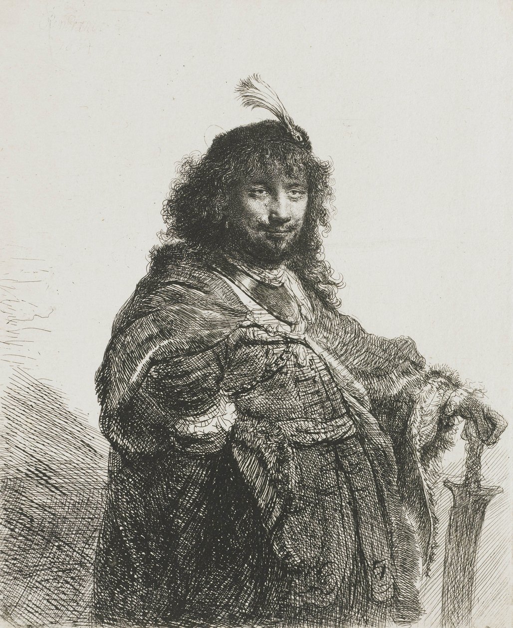 Tüylü bereli, eli kılıca dayalı otoportre(?), 1634 by Rembrandt van Rijn
