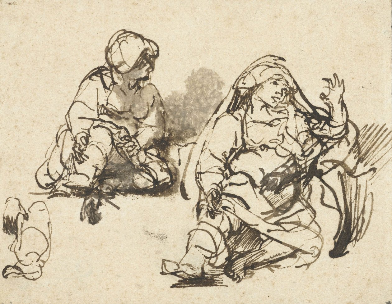 "Yüz Guilder Baskısı"nda Hasta Kadın İçin Çalışmalar, c.1647-48 by Rembrandt van Rijn