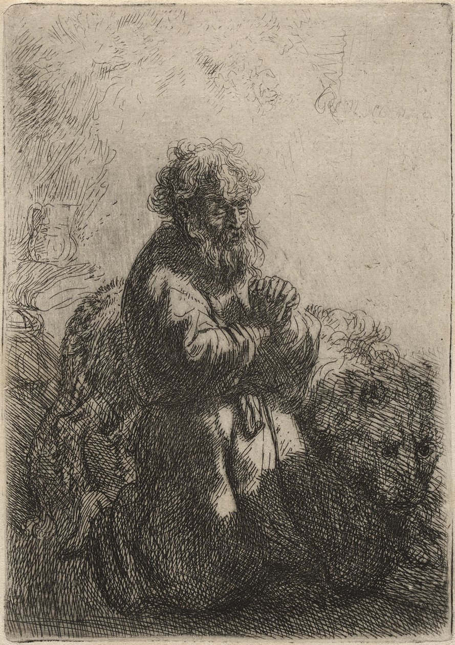 Aziz Jerome Diz çökerek dua ediyor, Aşağı bakıyor, 1635 (kağıt üzerine gravür) by Rembrandt van Rijn