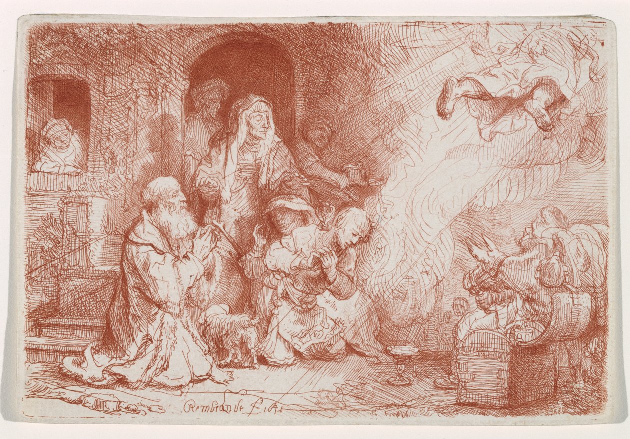 Tobias Ailesinden Ayrılan Melek, 1641 (kuru nokta ile gravür, sanguine basılmış) by Rembrandt van Rijn