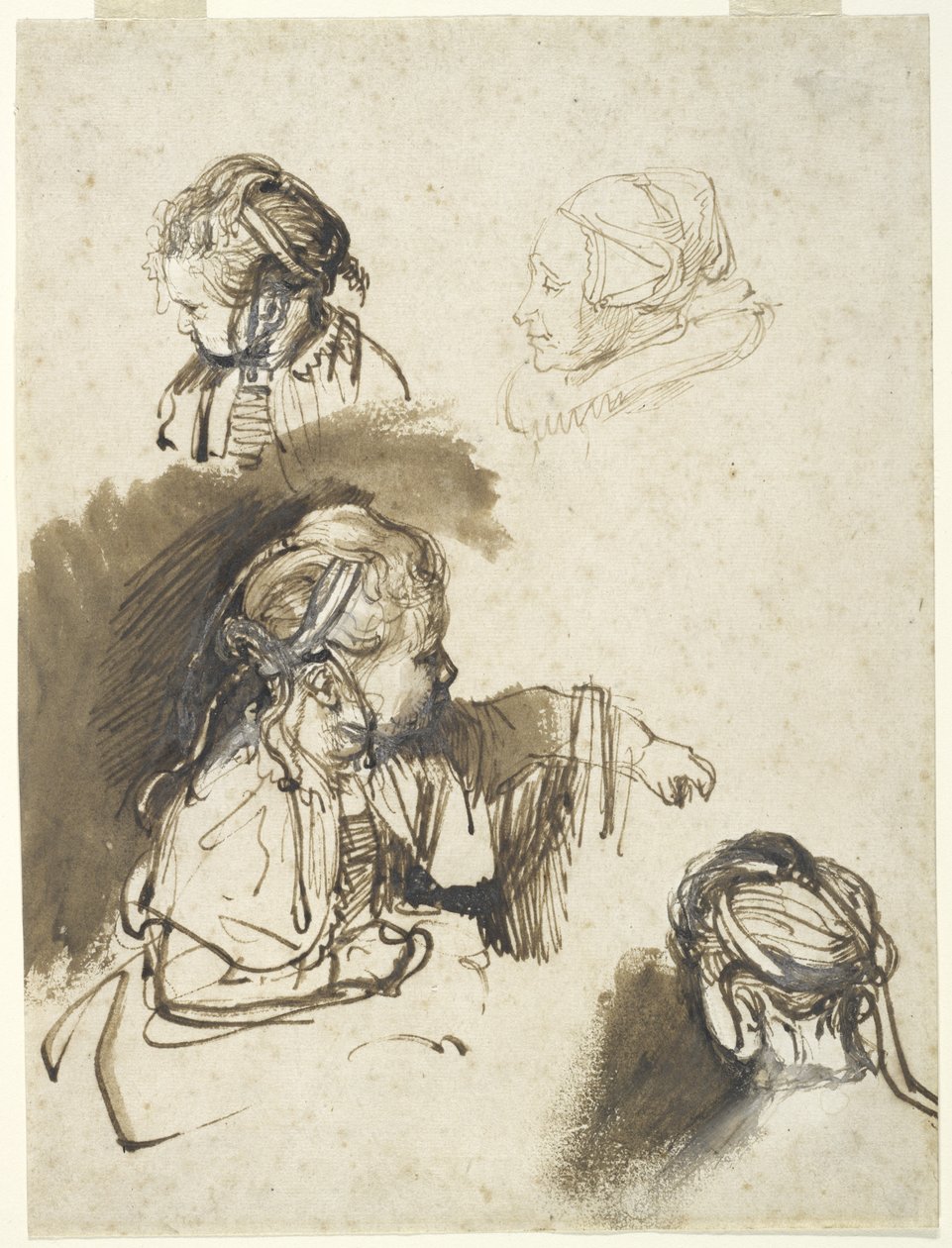 Bir Çocuk ve Bir Yaşlı Kadının Üç Çalışması (kağıt üzerinde wc ile kalem & mürekkep) by Rembrandt van Rijn