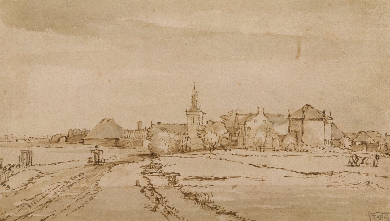Diemen görünümü, c.1650-52 (kalem, kahverengi mürekkep, kağıt üzerinde yıkama) by Rembrandt van Rijn