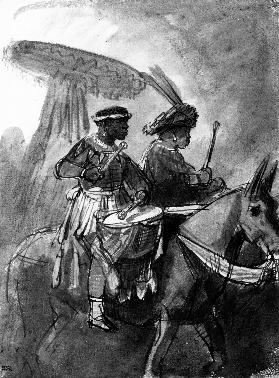 Katırlara monte edilmiş bir Davulcu ve Komutan, c.1638 (kalem, mürekkep ve kağıt üzerine yıkama) by Rembrandt van Rijn