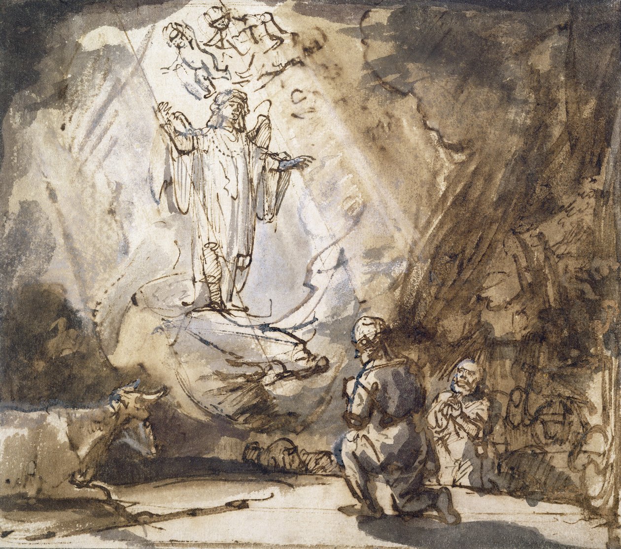 Çobanlara Müjde (kağıt üzerine kalem ve mürekkep) by Rembrandt van Rijn
