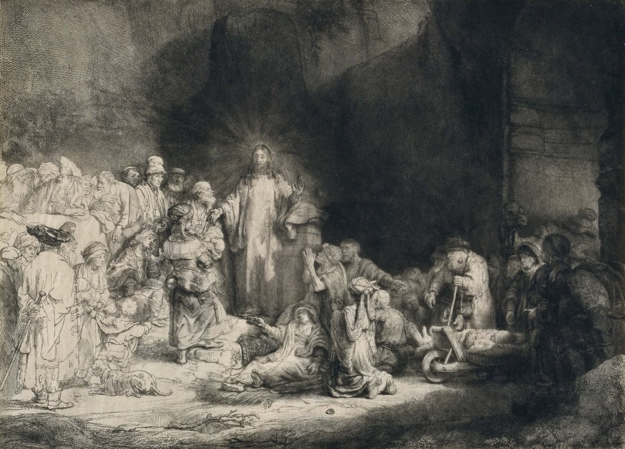 Etrafında Hasta Olan İsa, Küçük Çocukları Karşılıyor (Yüz Guilder Baskısı) by Rembrandt van Rijn