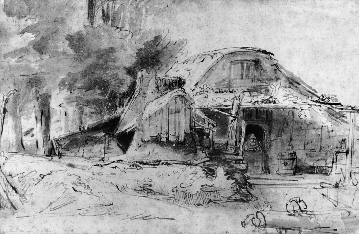 Bir ahşabın eteklerinde yazlık (kalem, mürekkep ve kağıt üzerinde kahverengi yıkama) by Rembrandt van Rijn